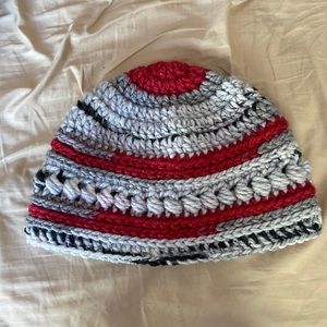 Handmade Crochet Unisex Red and Gray Beanie Ski Hat Toque